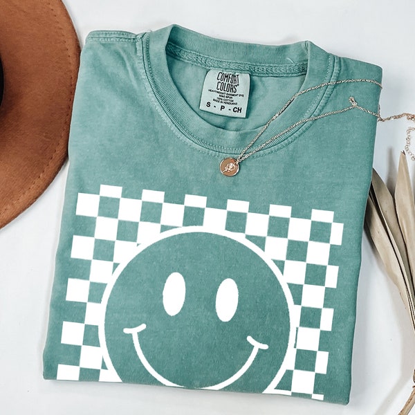 Chemise smiley à carreaux, t-shirt smiley, T-shirt smiley, cadeau pour elle, chemise drôle, chemise à carreaux, t-shirt à carreaux