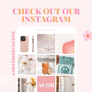 May include: A promotional image with a pink and peach color scheme. The image features a grid of product photos, including a phone case, glass cups, a t-shirt, and a wall art print. Text reads "CHECK OUT OUR INSTAGRAM".