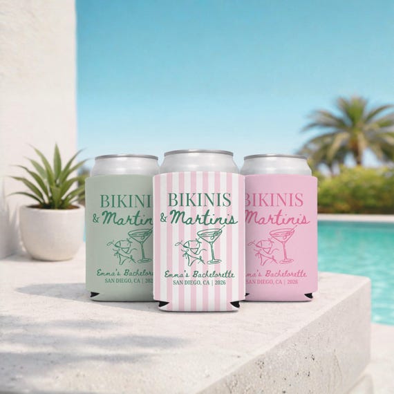 Bikinis and Martinis Bachelorette koozies, Bachelorette gifts, Dirty martini bride, Beach bachelorette, Custom koozies, Espresso martini