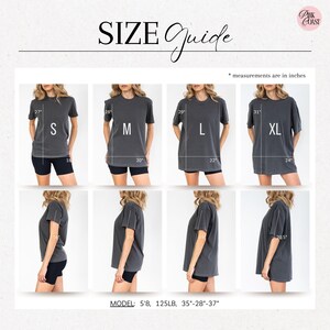 May include: Size guide graphic with measurements in inches. The guide shows a model wearing a gray t-shirt in sizes S, M, L, and XL. Measurements include chest width and shirt length. The model is 5'8" tall and weighs 125 lbs.