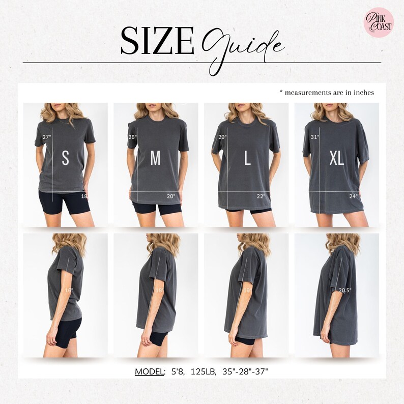 May include: Size guide graphic with measurements in inches. The guide shows a model wearing a gray t-shirt in sizes S, M, L, and XL. Measurements include chest width and shirt length. The model is 5'8" tall and weighs 125 lbs.