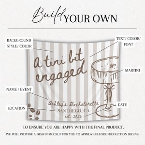K&ouml;nnte beinhalten: Anpassbares Banner mit gestreiftem Hintergrund und dem Satz "A tini bit engaged". Enth&auml;lt eine Martini-Illustration, Veranstaltungsdetails und den Text "Build YOUR OWN."