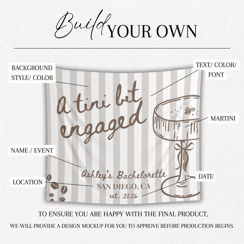 K&ouml;nnte beinhalten: Anpassbares Banner mit gestreiftem Hintergrund und dem Satz "A tini bit engaged". Enth&auml;lt eine Martini-Illustration, Veranstaltungsdetails und den Text "Build YOUR OWN."
