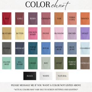 May include: A color chart featuring a variety of fabric swatches in shades of red, orange, yellow, green, blue, purple, and neutral tones. Each swatch is labeled with its corresponding color name. The text "COLOR chart" is at the top.