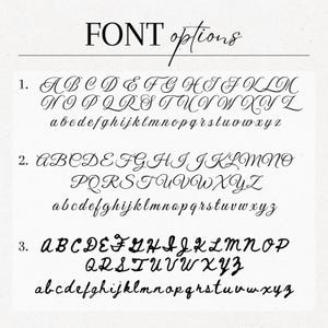May include: A white background displays three font options in black. The text "FONT options" is at the top. Each font option includes uppercase and lowercase alphabets. The fonts are numbered 1, 2, and 3, each with a unique style.