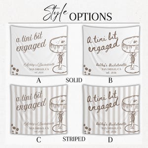 K&ouml;nnte beinhalten: Vier wei&szlig;e Banner mit braunem Text und Illustrationen. Jedes Banner tr&auml;gt die Aufschrift "a tini bit engaged" und enth&auml;lt eine Cocktail-Illustration. Die Banner sind mit A, B, C und D beschriftet, mit Optionen f&uuml;r einen einfarbigen oder gestreiften Hintergrund.