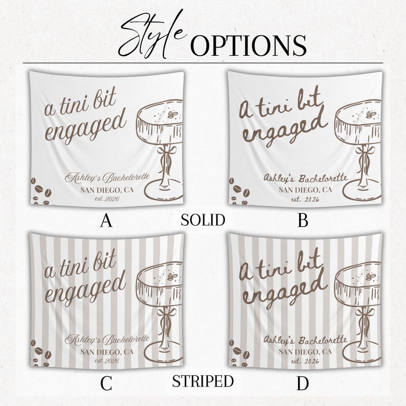 K&ouml;nnte beinhalten: Vier wei&szlig;e Banner mit braunem Text und Illustrationen. Jedes Banner tr&auml;gt die Aufschrift "a tini bit engaged" und enth&auml;lt eine Cocktail-Illustration. Die Banner sind mit A, B, C und D beschriftet, mit Optionen f&uuml;r einen einfarbigen oder gestreiften Hintergrund.