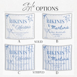 May include: Four white banners with blue text and illustrations. Each banner reads "Bikinis & Martinis" with a martini glass graphic. Two banners are solid, and two are striped. Each banner has a different name and location.