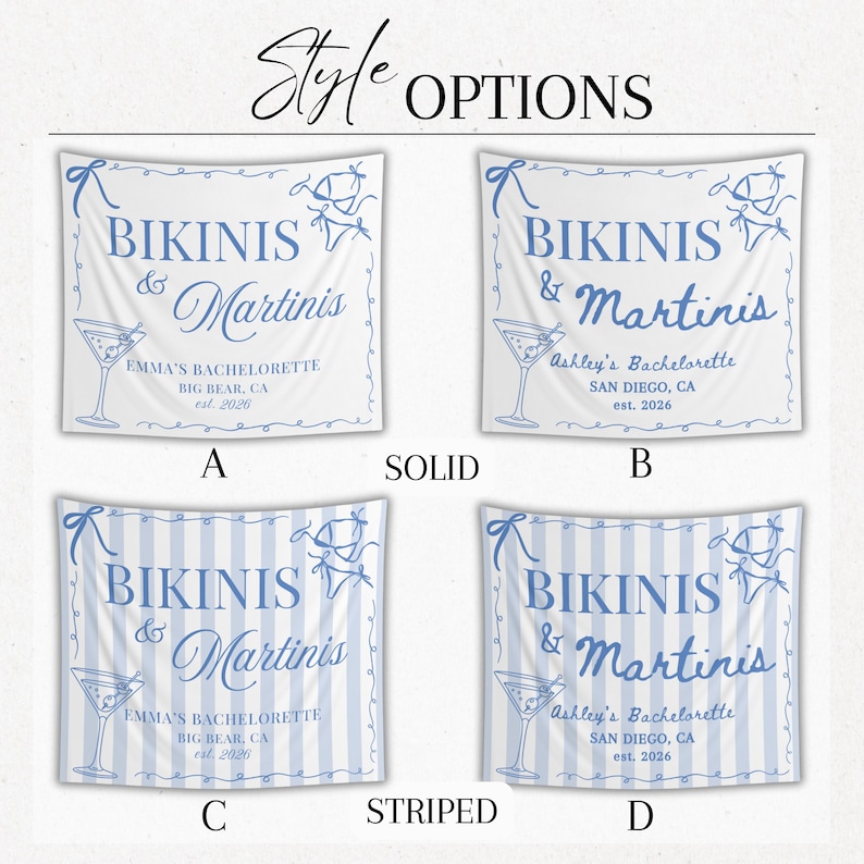 May include: Four white banners with blue text and illustrations. Each banner reads "Bikinis & Martinis" with a martini glass graphic. Two banners are solid, and two are striped. Each banner has a different name and location.