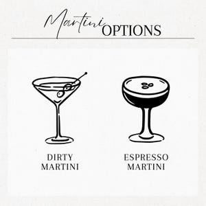 Może przedstawiać: Czarno-biała ilustracja dw&oacute;ch kieliszk&oacute;w do martini. Pierwszy to klasyczne Dirty Martini z oliwką, drugi to Espresso Martini. U g&oacute;ry widnieje napis "Martini OPTIONS".
