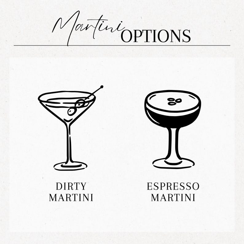 Może przedstawiać: Czarno-biała ilustracja dw&oacute;ch kieliszk&oacute;w do martini. Pierwszy to klasyczne Dirty Martini z oliwką, drugi to Espresso Martini. U g&oacute;ry widnieje napis "Martini OPTIONS".