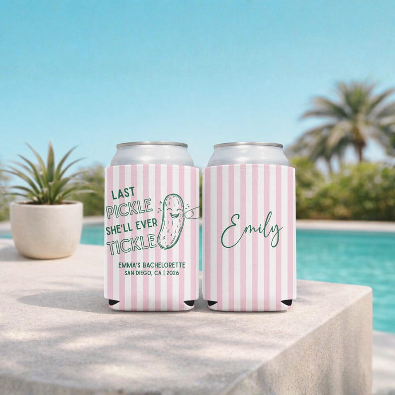 Last pickle she'll ever tickle Can Coolers, Pickle themed bachelorette, Bachelorette koozies, Bachelorette party gifts, Custom koozies