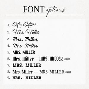 May include: A cream-colored background displays the words "FONT options" in black script. Below, nine variations of the name "Mrs. Miller" are shown in different fonts, including cursive, bold, and all-caps styles, for design selection.