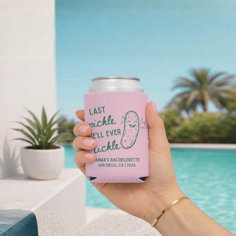 Last pickle she'll ever tickle Can Coolers, Pickle themed bachelorette, Bachelorette koozies, Bachelorette party gifts, Custom koozies