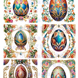 Paquete de 66 imágenes prediseñadas de huevos de Fabergé, huevo de Pascua adornado PNG, gráficos de huevos decorativos vintage, manualidades, sublimación, álbumes de recortes, arte digital