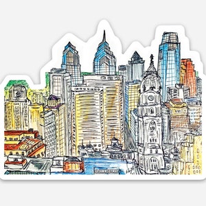 Philly Philadelphia Skyline Sticker or Print | Hand Drawn Ink & Watercolor Illustration vinyl gloss sticker or print