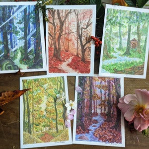 Carte Postale Aquarelle Forêt Magique |1 carte| bois de fées et sorcières, bleu, violet, rouge, jaune, vert, paysage celtique