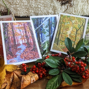 Cartes Postales Aquarelle Forêt Magique |set de 3| bois enchantés de fées et sorcières, bleu, violet, rouge, jaune, vert, paysage celtique