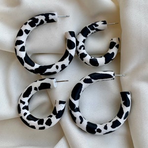 COW HOOPS - black and white cow print statement clay hoop earrings | handmade gift for animal print lovers