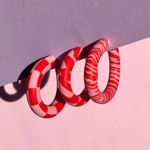 Red and pink hoop earrings- statement earrings | polymer clay hoops | zebra earrings | checkerboard earrings | Christmas gift for her