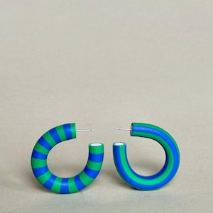 STRIPED HOOPS - Emerald + Cobalt statement polymer clay hoop earrings in a bold geometric striped pattern
