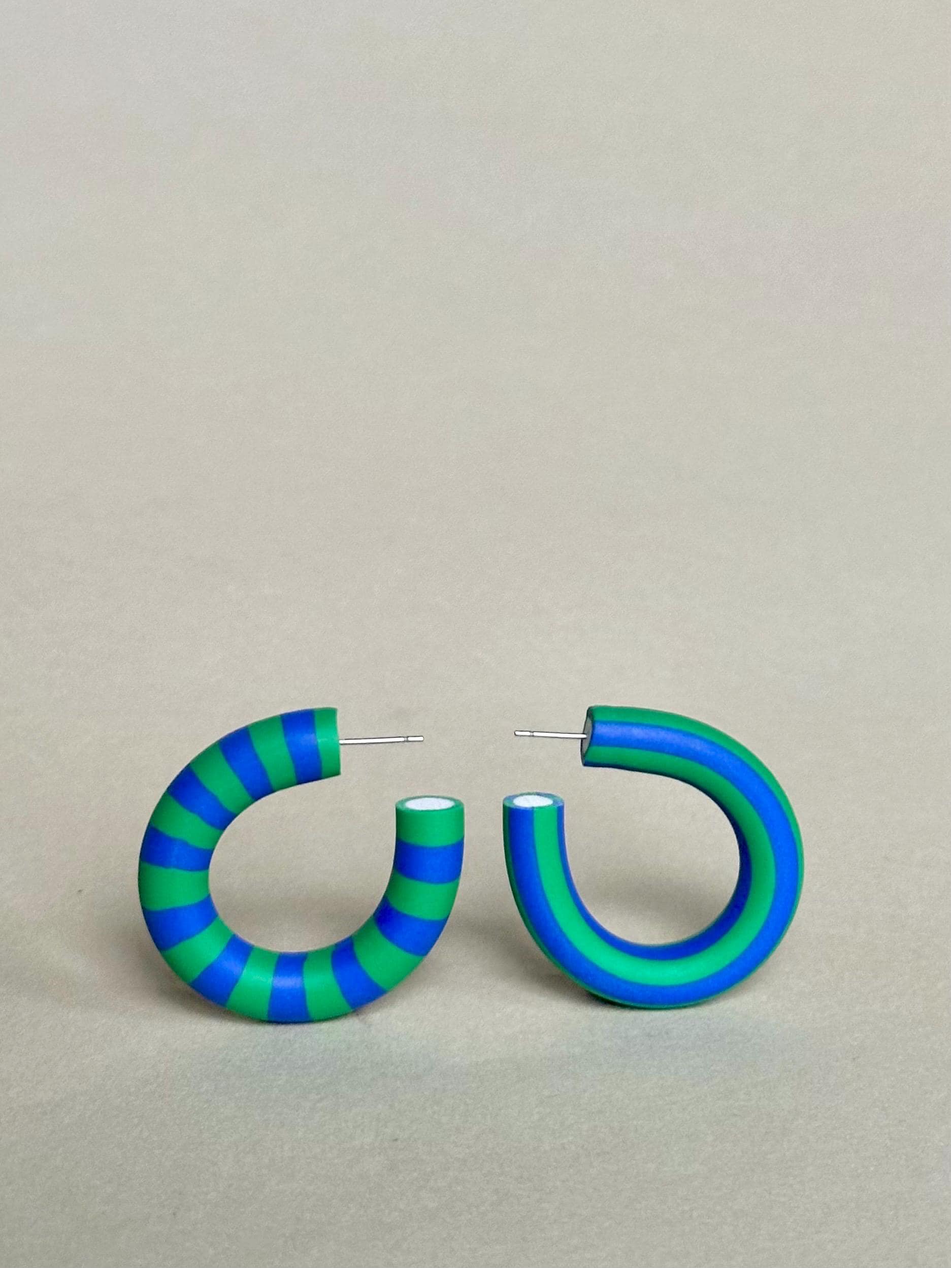 STRIPED HOOPS - Emerald + Cobalt statement polymer clay hoop earrings in a bold geometric striped pattern