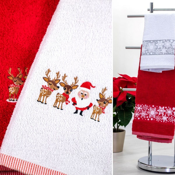 Allure 2 Pack Embroidered Christmas Towels Luxury Cotton Hand Towel Tea Towel Set