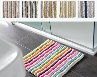 Striped Chunky Bobble Shower Mat 50 x 50cm - Luxury Hand Woven Deep Pile Thick Microfibre Square Bath Mat