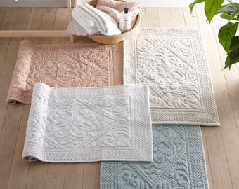 Tapis de bain maison de campagne tissé à la main Allure - 100 % coton naturel - 50 x 80 cm - Décoration de style cottage - Tapis de bain texturé - Tapis de bain à motifs