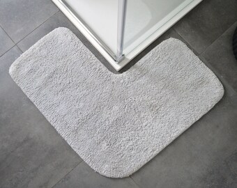 Corner Shower Mat 70 x 35cm - 100% Cotton L-Shaped Bath Mat Super Soft, Absorbent - Grey Bathroom Corner Shaped Mat