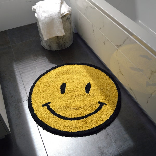 Happy Face Reversible Bath Mat Emoji Decor Deep Pile 100% Cotton 70 x 70cm - Yellow Smile Rug - Statement Mat