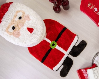 Luxury Santa 2pc Toilet Seat Cover & Pedestal Mat Set - Funny Christmas Bathroom Decor Secret Santa Decor