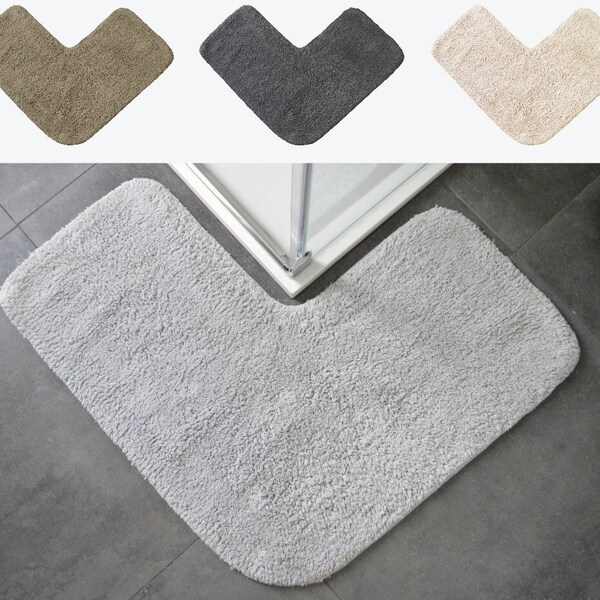 Tapis de douche d'angle 70 x 35 cm - Tapis de bain en L 100 % coton Super doux, absorbant - Neutre / Gris