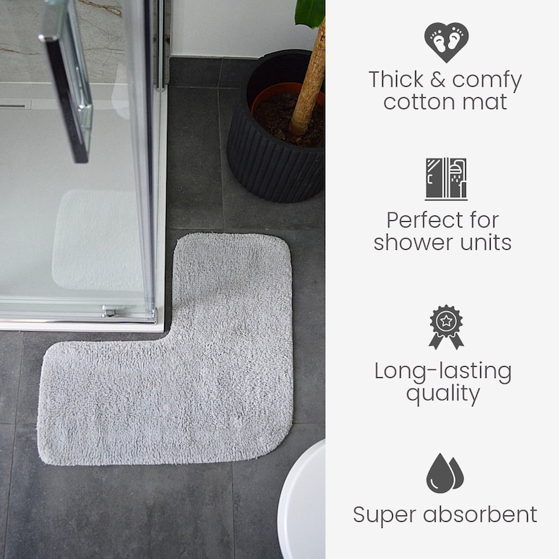Corner Shower Mat 70 x 35cm 100% Cotton L-Shaped Bath Mat Super Soft, Absorbent Neutral / Grey Bathroom Corner Shaped Mat imagem 4