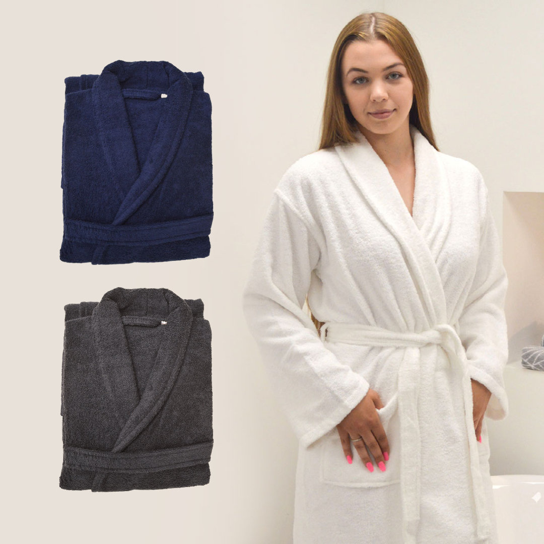 100% Cotton Terry Towel Bathrobe - Shawl Collar Towelling Dressing Gown Luxury Spa Robe Unisex Design