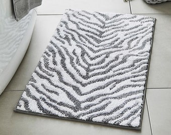 Luxury Zebra Print Jacquard Bath Mat 50 x 80cm - Grey/White Super Soft Bathmat, Non Slip, Absorbent Rug - Animal Print Bathroom Decor