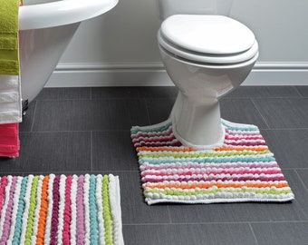 Allure Hand Woven Large Bobble Pedestal Mat - Striped Pom Pom Toilet Mat - Luxury Thick Absorbent Mat