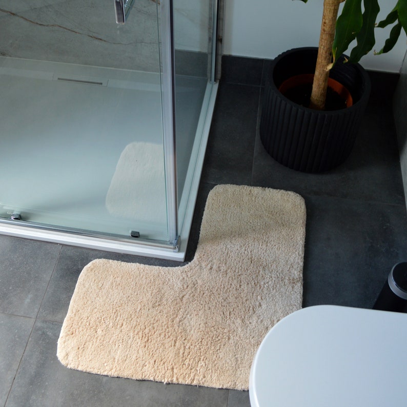 Corner Shower Mat 70 x 35cm 100% Cotton L-Shaped Bath Mat Super Soft, Absorbent Neutral / Grey Bathroom Corner Shaped Mat imagem 2