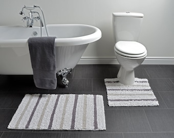 Allure Luxury 2 Piece Bath Mat and Pedestal Set - Textured Stripe Bathmat and Toilet Mat - 100% Cotton