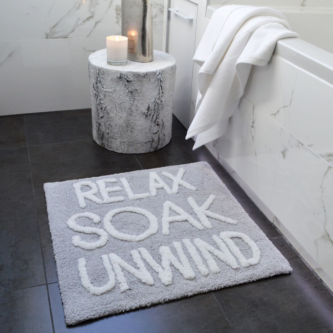 Relax Soak Unwind Tufted Slogan Bath Mat Square Bathroom Mat Non Slip