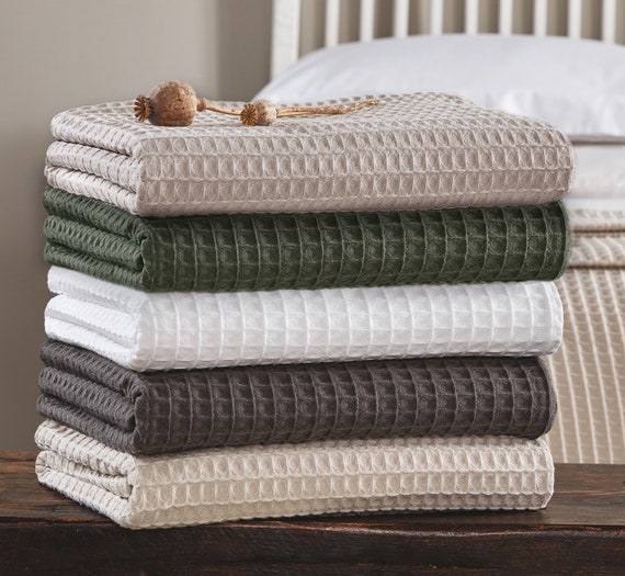 Hotel Waffle Throw Blanket 100% Cotton, Textured King Size Bed