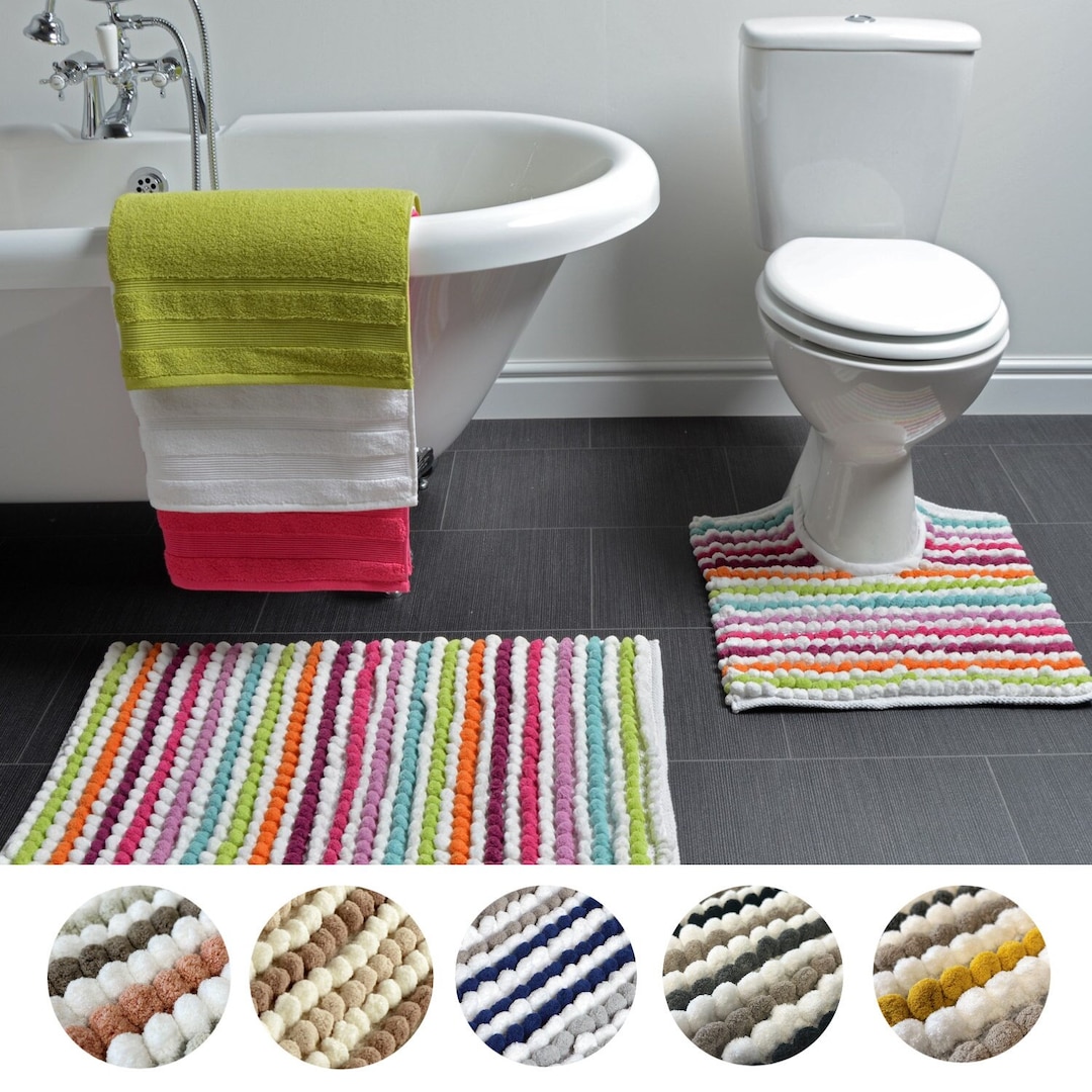 Chunky Bobble Striped Two Piece Bath Mat and Pedestal Toilet Mat Set