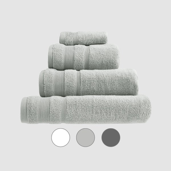 Linges de toilette de luxe en coton égyptien - essuie-tout, serviettes de bain, draps de bain, débarbouillettes sans torsion - décoration monochrome gris blanc
