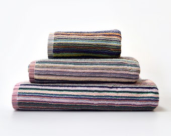 100% Recycled Cotton Towels - Multi-Coloured Stripe Lightweight Colourful Towel Set, Absorbent Quick Dry Kitchen Towels, Bathroom Towels