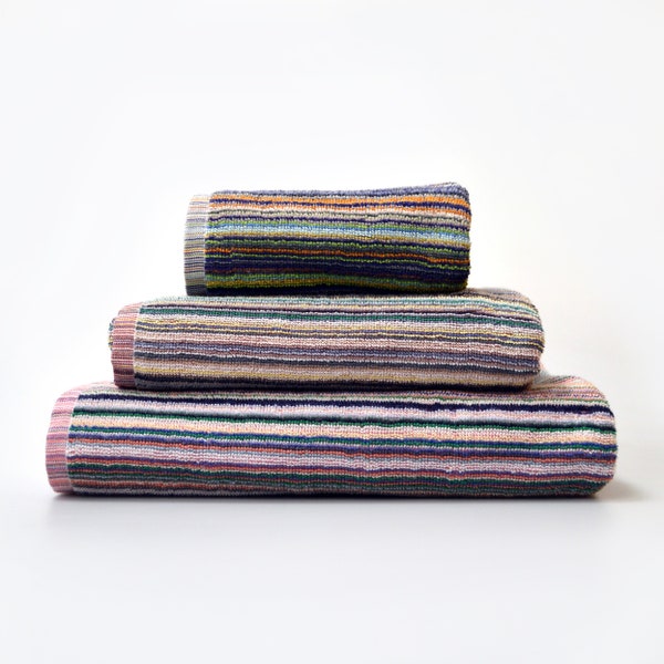 100% Recycled Cotton Towels - Multi-Coloured Stripe Lightweight Colourful Towel Set, Absorbent Quick Dry Kitchen Towels, Bathroom Towels