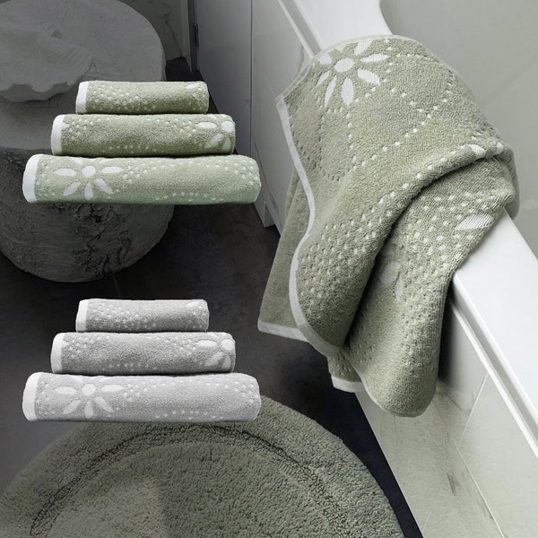 Luxury Marrakesh Sculpted Floral Geo Patterned Bath Towels - 100% Cotton - Stylish Jacquard Designed Bathroom Towels - (Sage Green OR Grey)