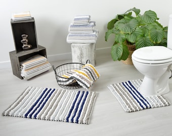 Allure Hand Woven Large Bobble Bath Mat - Striped Pom Pom Bathmat - Luxury Thick Absorbent Mat 50 x 80cm