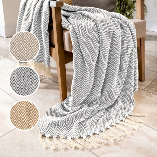 Allure Handloomed Chevron Fischgräten Überwurf - Recycelte Baumwolle, Große Decke mit Quasten - Gemusterter Sofa Überwurf, Garten Überwurf im Freien