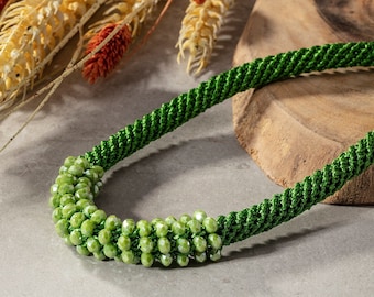 Grass Green Silk and Crystal Beads Necklace, Spring Necklace