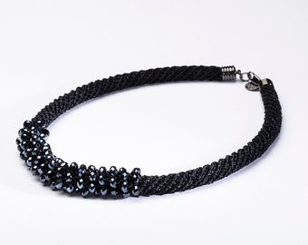 Black Rope Necklace with Dark Blue Crystal Glass Beads
